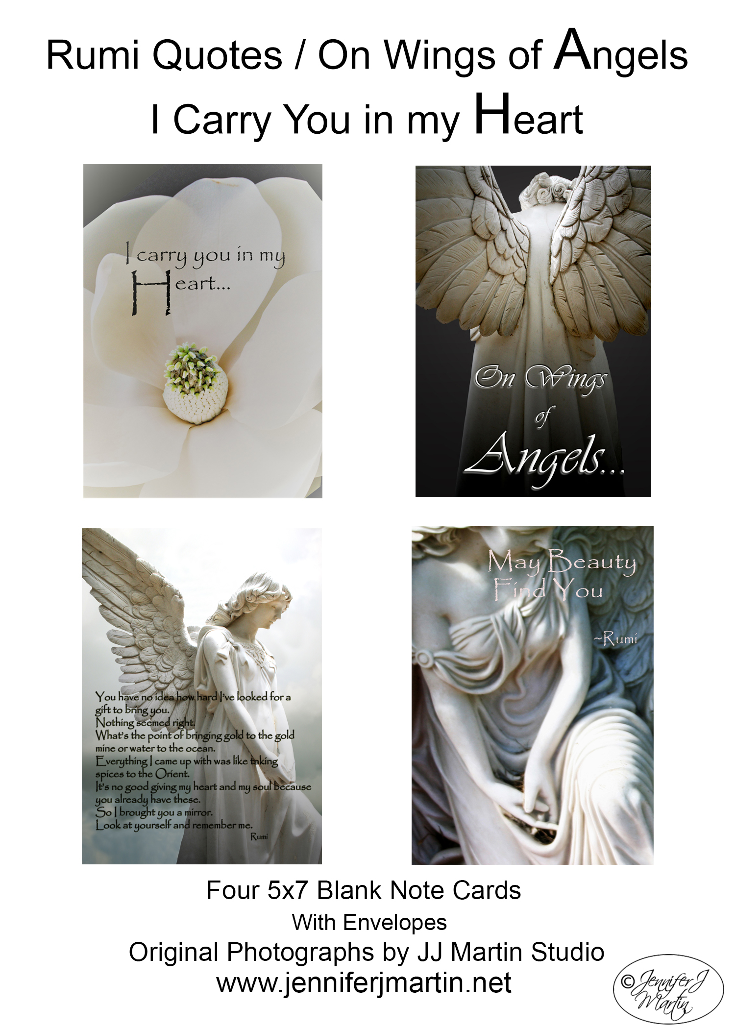 Rumi Quotes / On Wings of Angels / I Carry You in my Heart - 4 Card Set